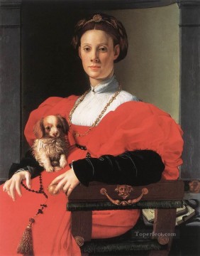 アーニョロ・ブロンズィーノ Painting - 子犬を連れた女性の肖像 フローレンス・アーニョロ・ブロンズィーノ